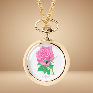 Reloj de collar de oro rosa de la flor rosa rosa