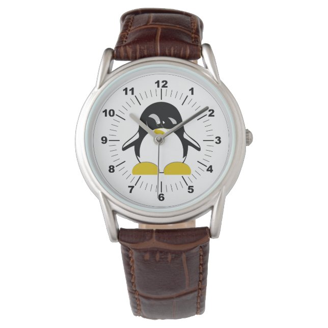 Reloj de correa de cuero marrón clásico de pingüin (Anverso)