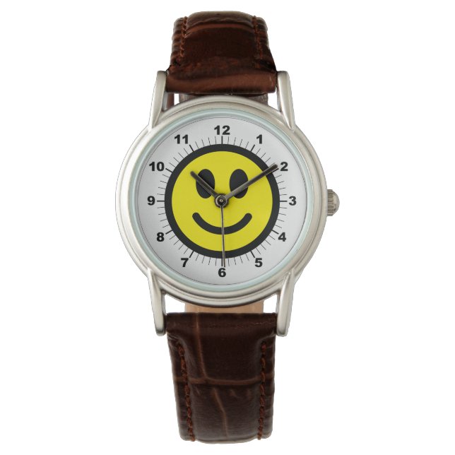 Reloj de correa de cuero marrón de la cara feliz d (Anverso)