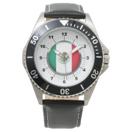 Reloj de correa de cuero negro con bandera de Méxi