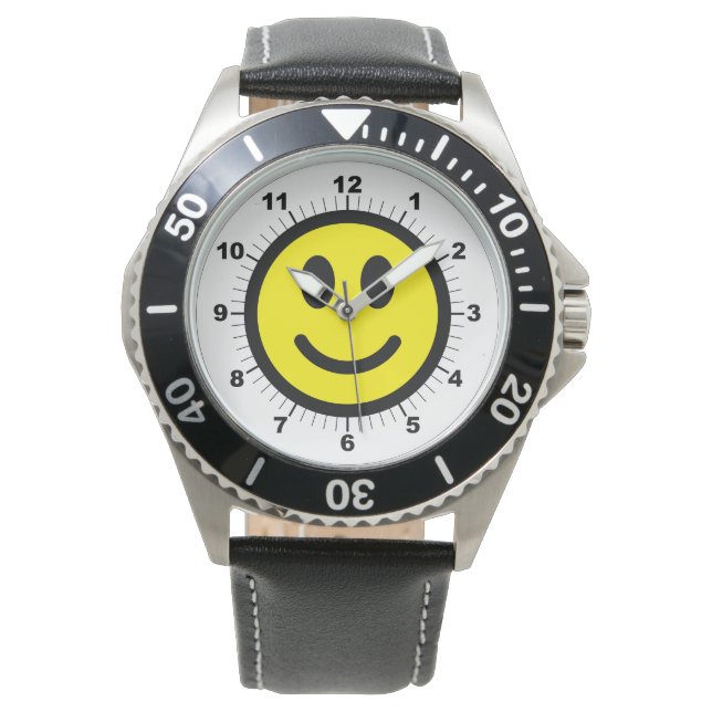 Reloj de correa de cuero negro de cara feliz de lo (Anverso)