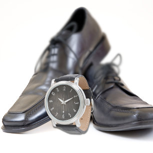 Reloj de correa de cuero negro de madera oscura