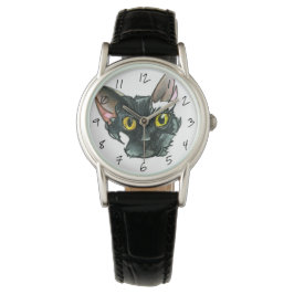 Reloj de correa de cuero negro para gato negro de 