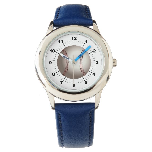 Reloj de cuero azul de beisbol para niños (Anverso)