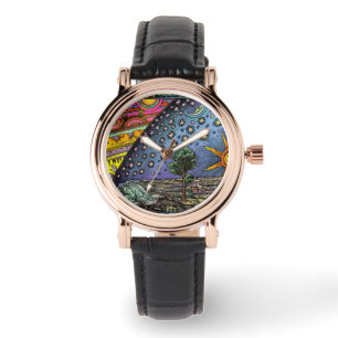 Reloj de cuero cuadrado de carmín de la Tierra pla