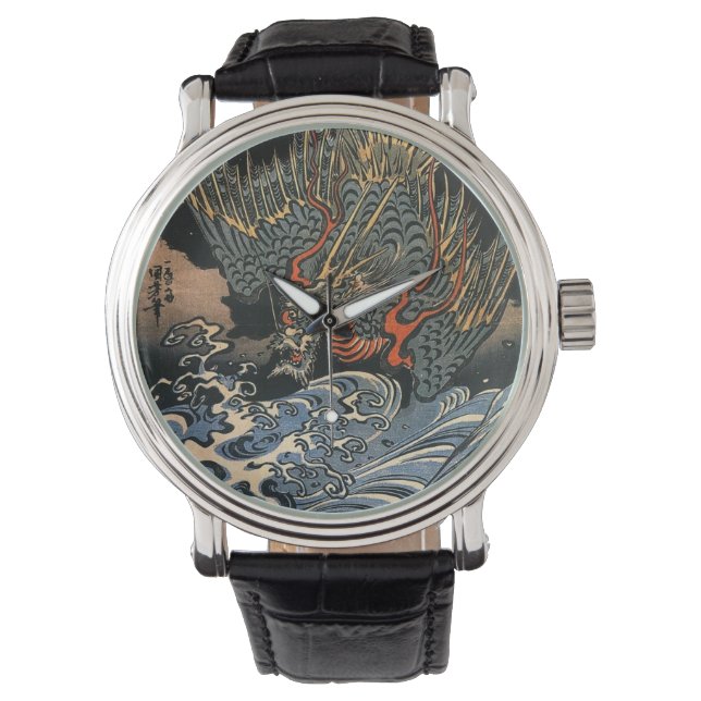 Reloj de cuero de dragón de arte japonés Ukiyo-e (Anverso)