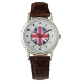 Reloj de cuero marrón clásico de la bandera de las