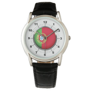 Reloj de cuero negro con bandera de Portugal mascu