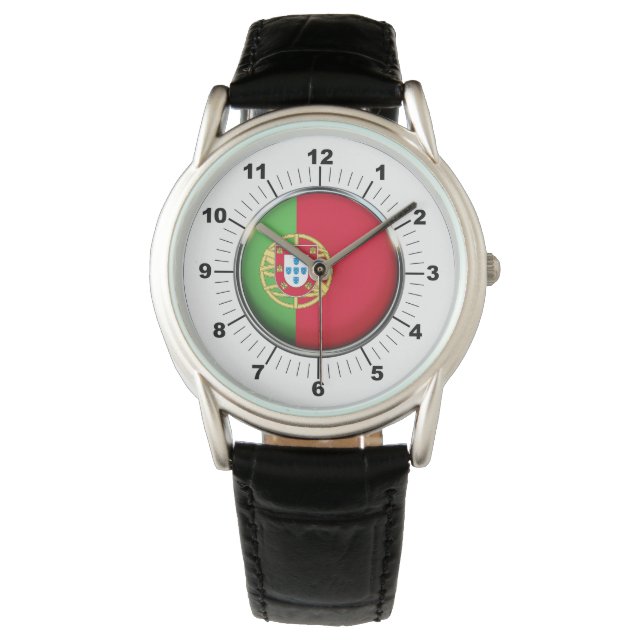 Reloj de cuero negro con bandera de Portugal mascu (Anverso)