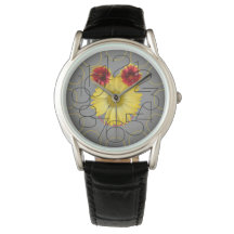 Reloj de cuero negro con cara de flor