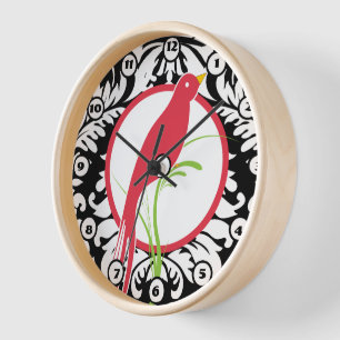 Reloj de Damasco Negro Blanco Vintage y Pájaro Roj