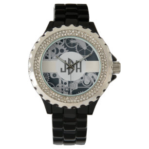 Reloj de esmalte negro enganchado con monograma pe