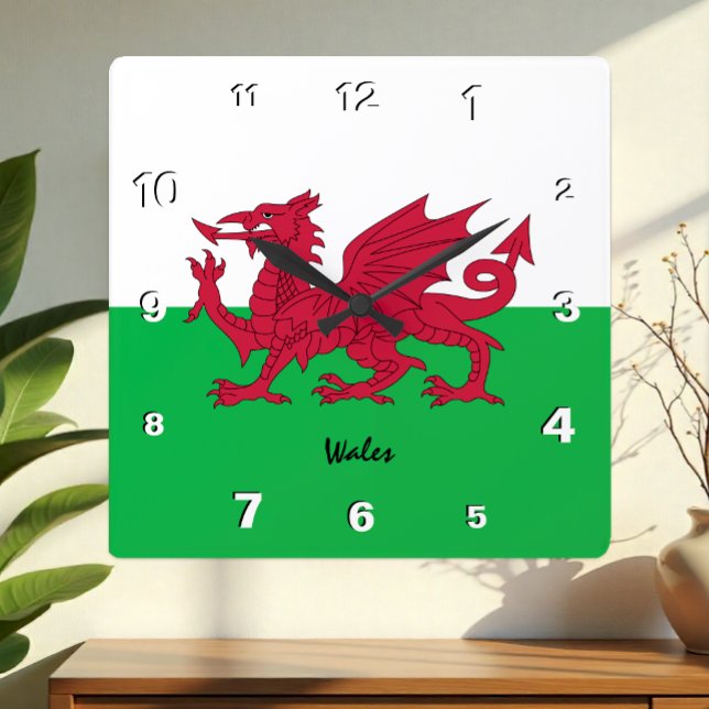 Reloj de Gales, hogar patriótico, bandera galesa (Welsh Flag Wall Clock / Square)