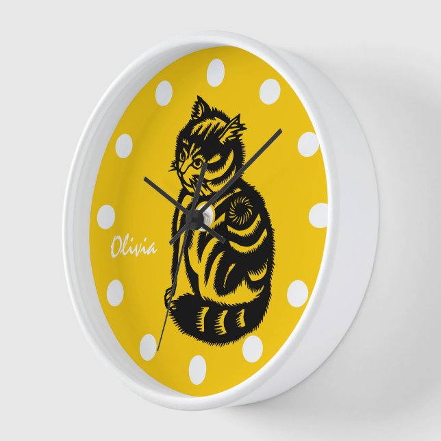Reloj de gato amarillo mostaza personalizado - Cua (Ángulo)