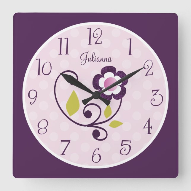 Reloj de guardería de flores púrpuras personalizad (Anverso)