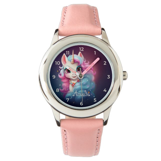 Reloj de Ilustracion rosa y morado de Unicornio (Anverso)