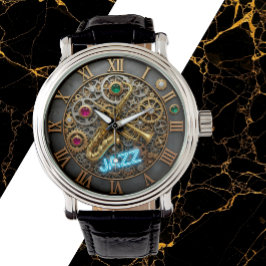 Reloj de jazz, luz de neón, trompeta, saxofón