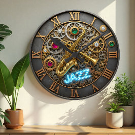 Reloj de jazz, luz de neón, trompeta, saxofón