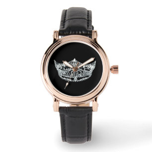 Reloj de la corona de cuero negro para mujeres