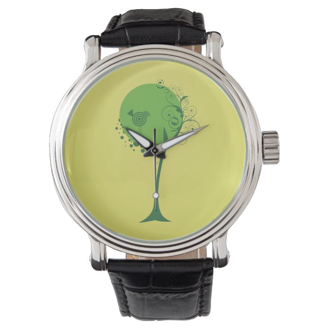 Reloj de la correa de cuero negro del árbol abstra (Anverso)