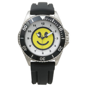 Reloj de la correa de goma negra de cara feliz de 