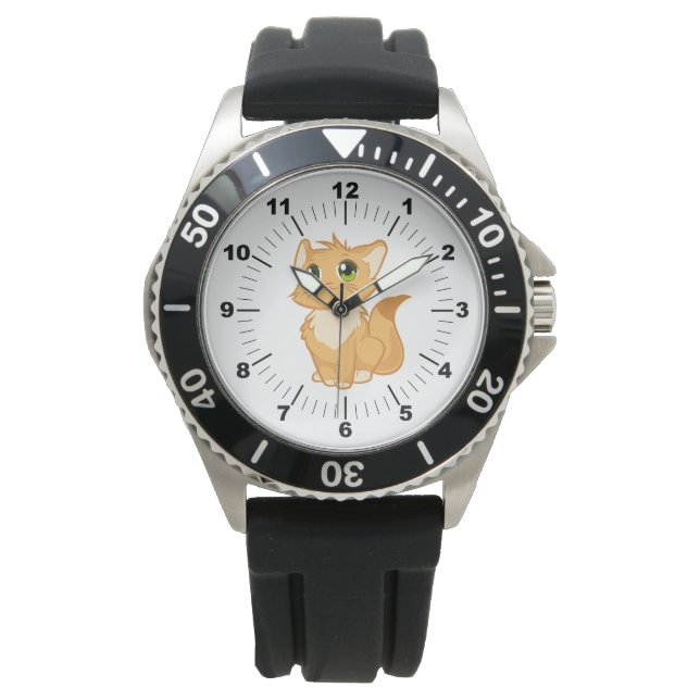 Reloj de la correa de goma negra del gato lindo de (Anverso)