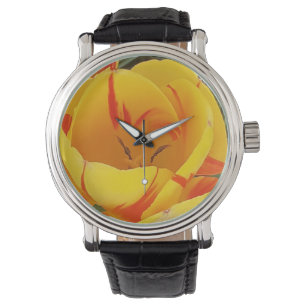 Reloj de la correa negra del tulipano amarillo