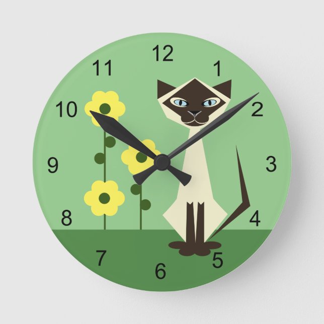 Reloj de la ronda verde del gato y la flor (Anverso)