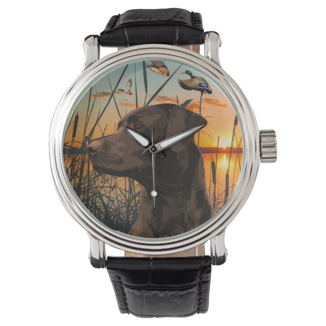Reloj de labrador de chocolate, mallard volador (Anverso)