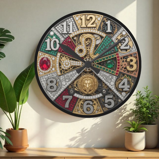 Reloj de león, signo de zodiaco, Steampunk, gemas (Lion Jeweled Wall Clock)