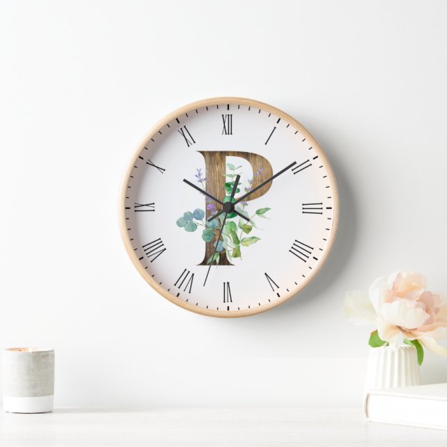 Reloj de madera con letra P rústica (Hogar)
