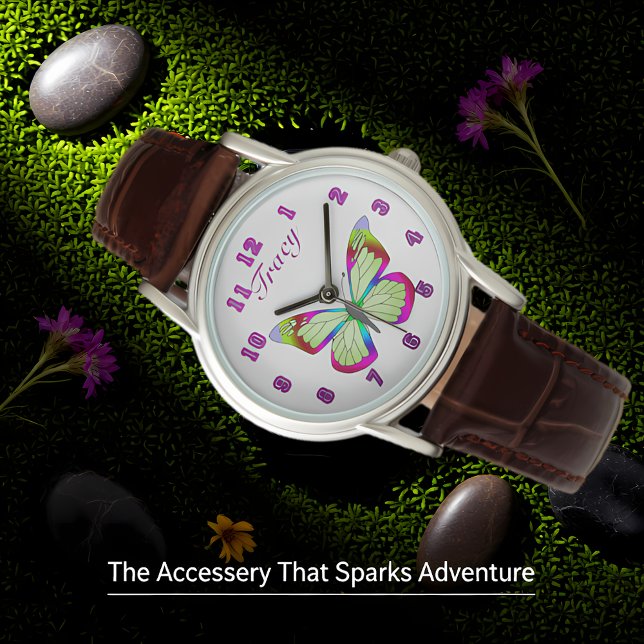 Reloj de mariposas de correa de cuero marrón (Subido por el creador)