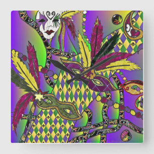 Reloj de máscaras de plumas de Mardi Gras psicodél