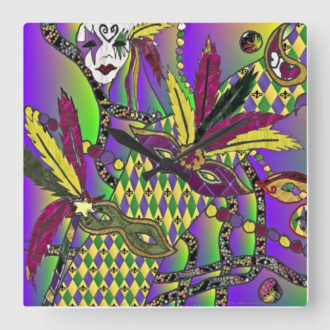 Reloj de máscaras de plumas de Mardi Gras psicodél (Anverso)