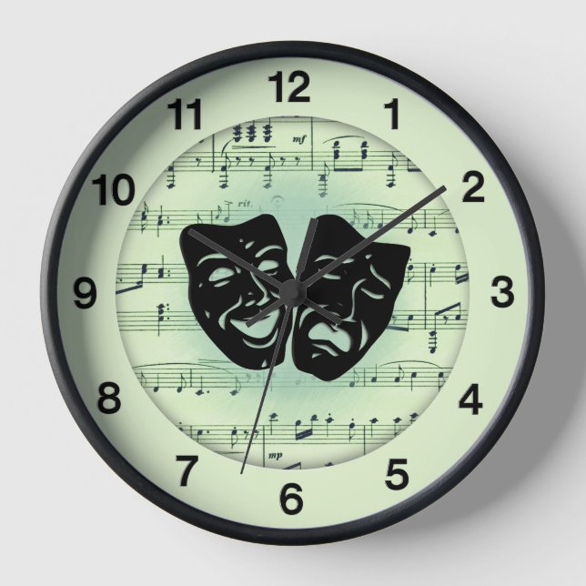 Reloj de máscaras de teatro y música verde (Anverso)