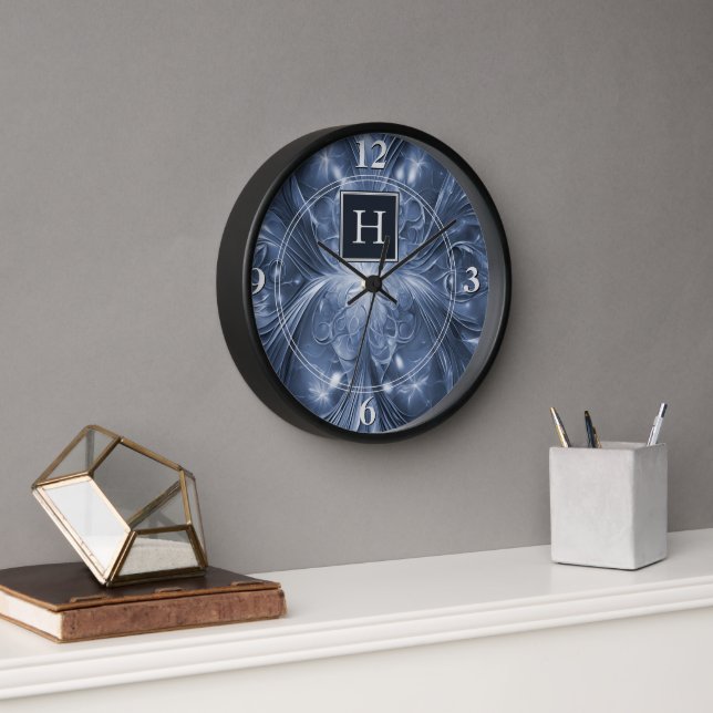 Reloj de monograma brillante con abstracto azul (Oficina)