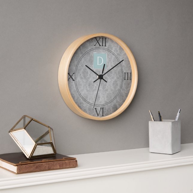 Reloj de monograma de Damasco verde azulado (Oficina)
