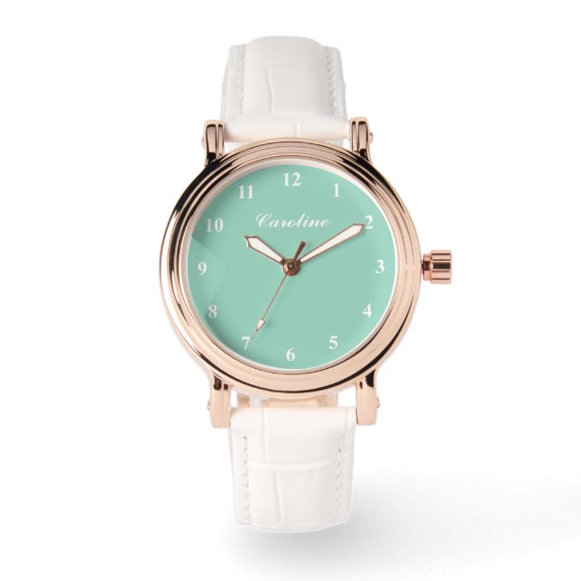 Reloj de mujeres de cuero blanco marcado verde azu (Anverso)