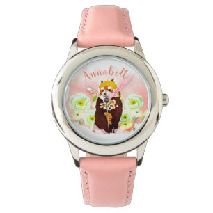 Reloj de niños con pandas rojas florales rosadas p