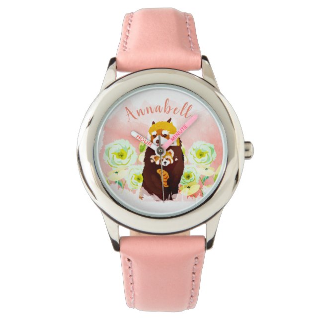 Reloj de niños con pandas rojas florales rosadas p (Anverso)