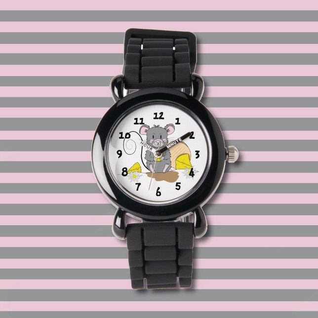 Reloj de niños de ratón con Personalizado gris (Cute kid watch with a gray mouse nibbing on some Swiss cheese .)