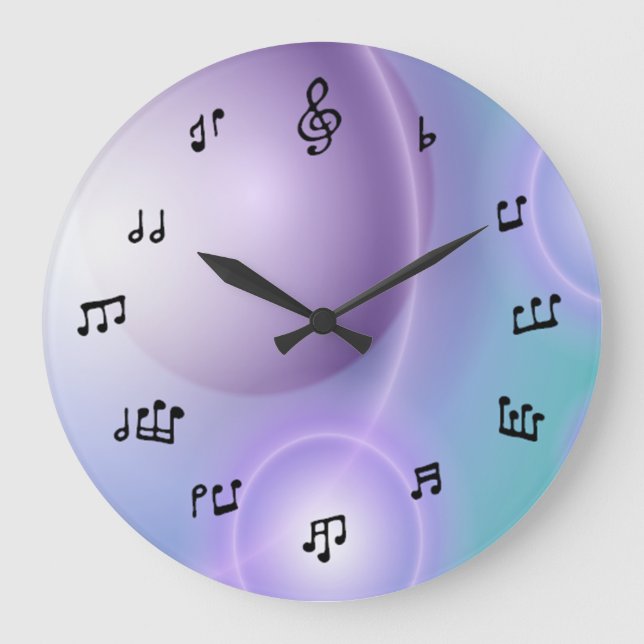 Reloj de notas musicales sobre azul claro/púrpura (Anverso)