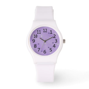 Reloj de número de lavanda de estrellas moradas y