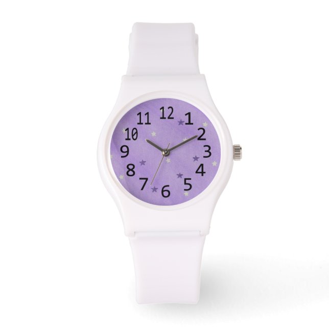 Reloj de número de lavanda de estrellas moradas y  (Anverso)