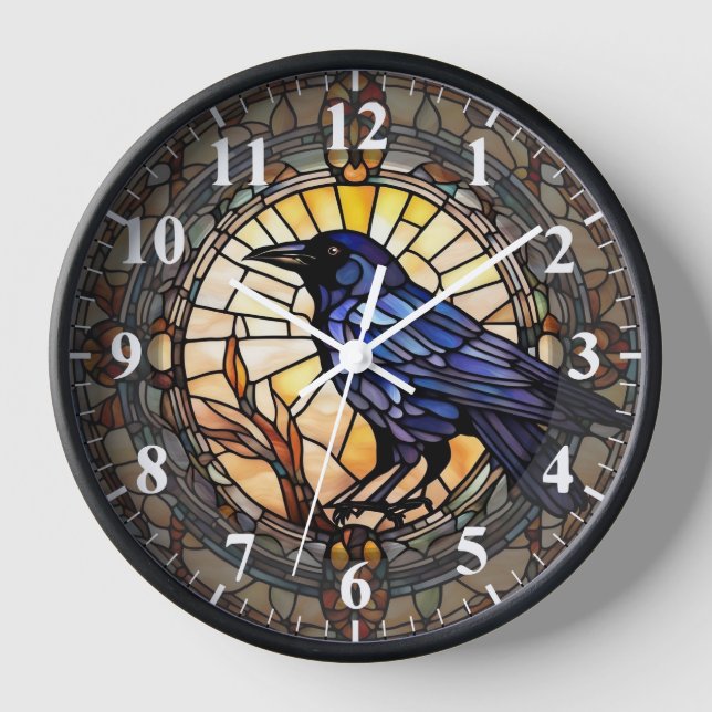 Reloj de pájaro de vidrio manchado negro (Anverso)