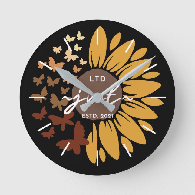 Reloj de pared acrílico con girasol y mariposas (Anverso)