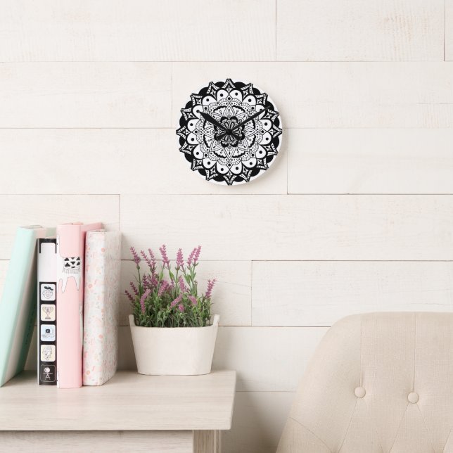 Reloj de pared acrílico de arte Mandala blanco neg (Sala de lectura)