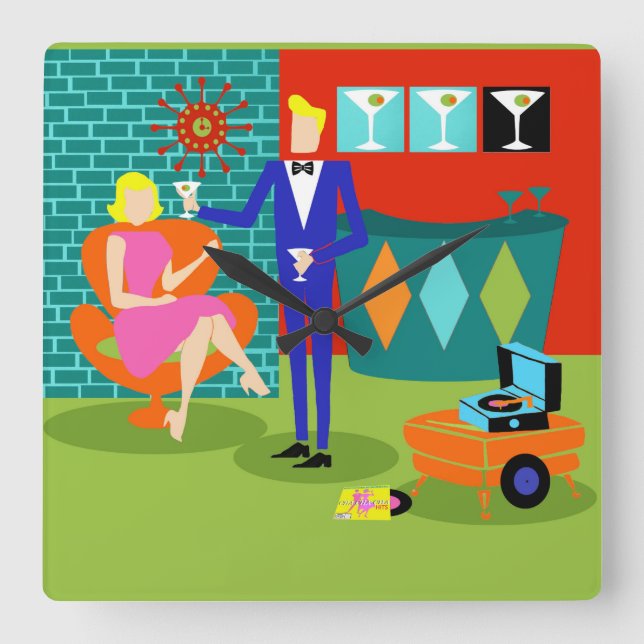 Reloj de pared acrílico de la pareja Retro Martini (Anverso)