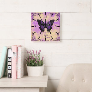 Reloj de pared acrílico de mariposa morada/negra d
