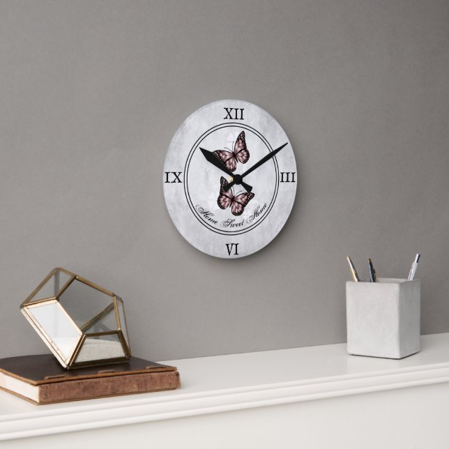 Reloj de pared acrílico floral de mariposa rosa (Oficina)